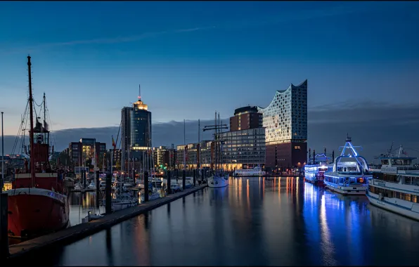 River, ships, skyscrapers, the evening, Germany, Hamburg, Germany