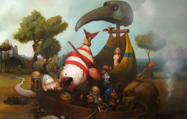 Boat, fish, paddles, Surrealism, Lazarev I. A, Drought
