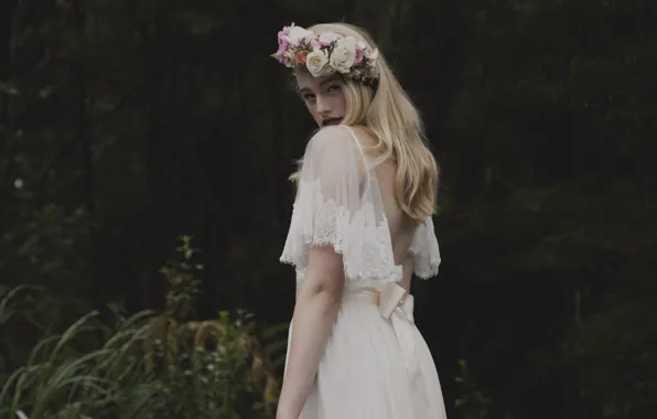 Picture summer, girl, blonde, white dress, wreath