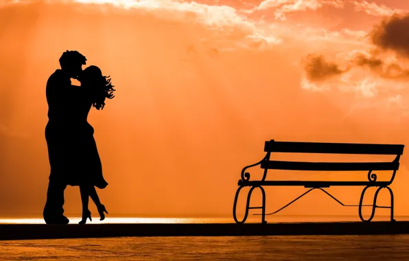 Picture love, joy, meeting, kiss, silhouette, pair, date, bench