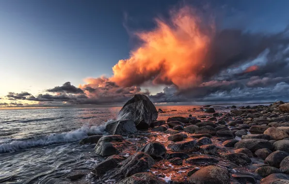Picture sea, wave, clouds, light, sunset, stones, shore
