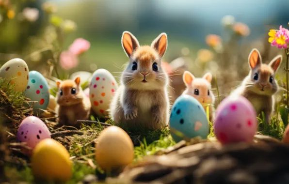 Look, light, flowers, nature, holiday, glade, hare, eggs