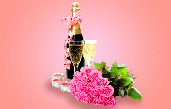Roses, glasses, glass, champagne, flowers, romantic, Valentine's Day, roses