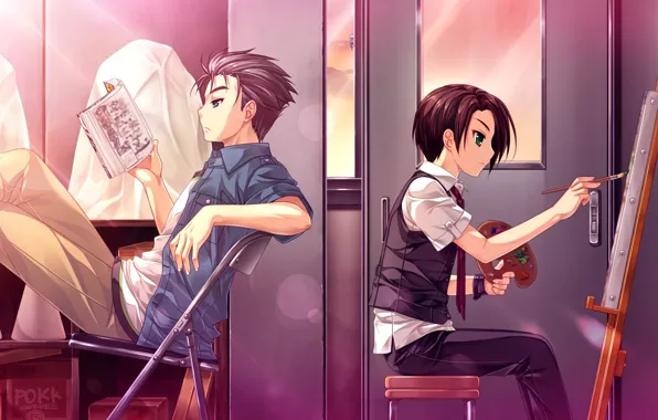 The door, chair, book, class, palette, brush, students, easel