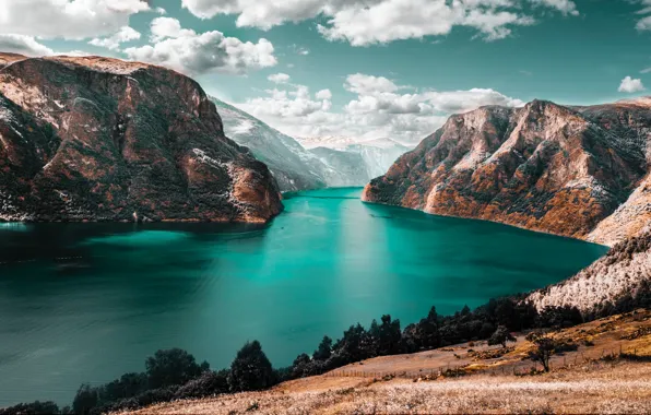 Water, clouds, trees, mountains, vegetation, slope, gorge, water surface