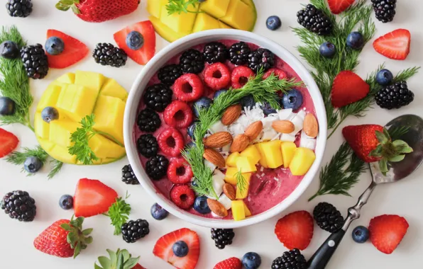 Picture berries, Breakfast, blueberries, strawberry, fruit, nuts