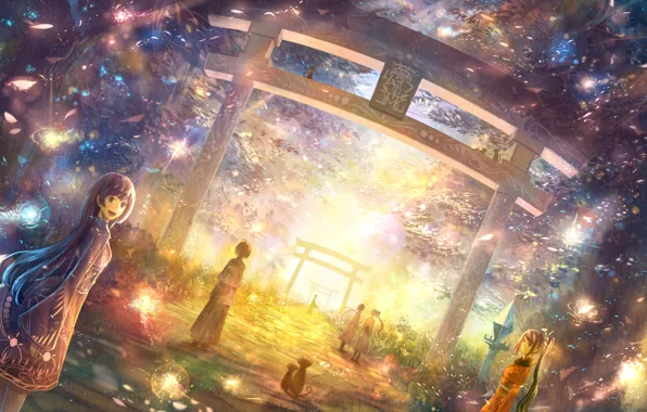Girls, art, monkey, torii, bounin
