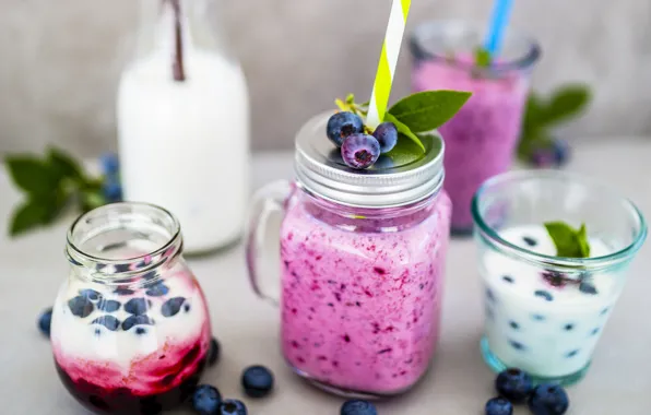 Picture berries, milk, blueberries, cocktail, Bank, fresh, sweet, delicious