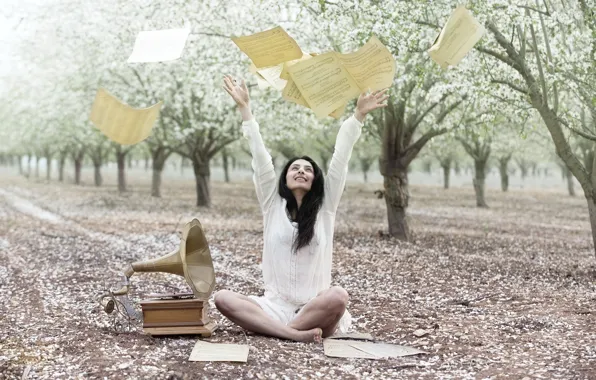 Girl, notes, petals, garden, gramophone