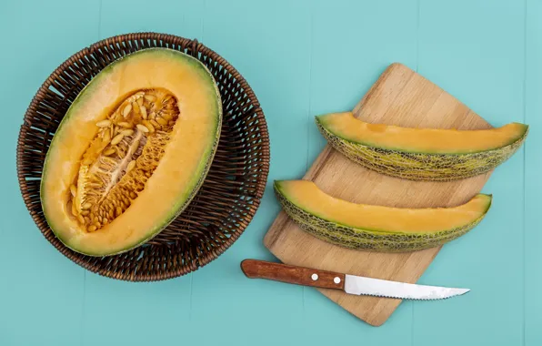 Knife, network, blue background, melon