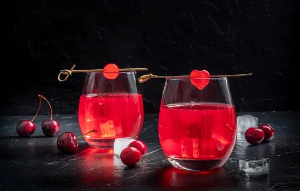 Cherry, berries, the dark background, table, glass, ice, glasses, cherry