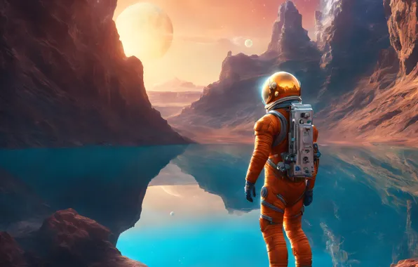 The sky, mountains, lake, rocks, shore, planet, astronaut, the suit