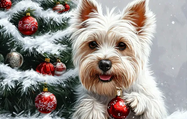 Dog, Dogs, New year, Tree, Christmas decorations, York, The Yoshkiri Terrier