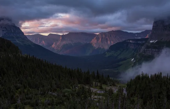 The sky, trees, mountains, clouds, nature, rocks, dawn, morning