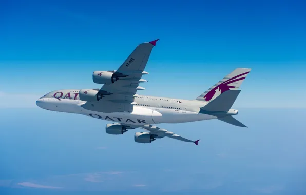 Clouds, A380, Airbus, Qatar Airways, Wing, Airbus A380, A passenger plane, Airbus A380-800