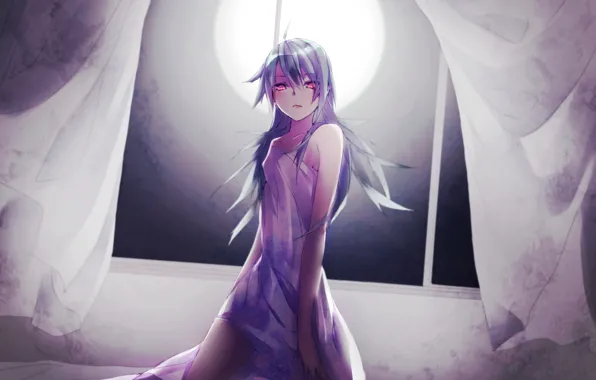 Girl, night, the wind, the moon, vocaloid, sitting, red eyes, long hair