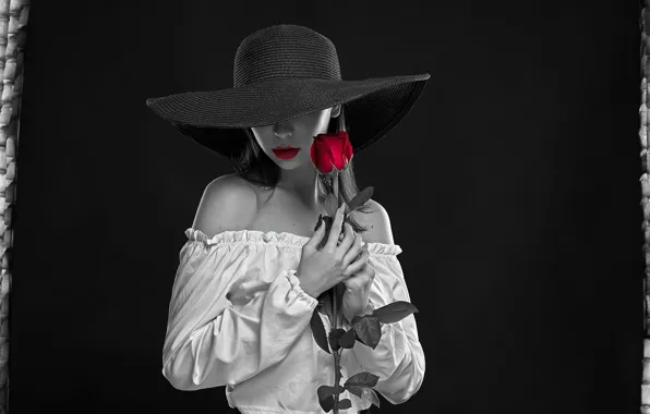 Flower, girl, pose, style, background, rose, hat, lipstick