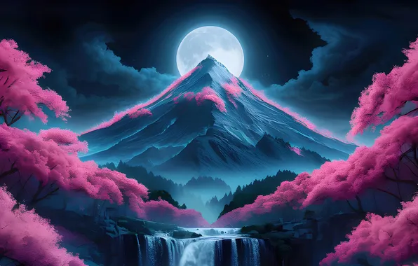 Night, the moon, mountain, waterfall, beauty, moon, night, mountain