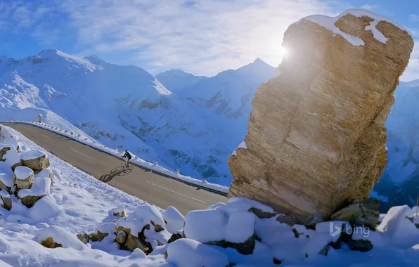 Winter, road, the sky, the sun, rays, snow, mountains, rocks
