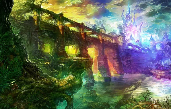 Picture bridge, the city, river, tower, arch, fantasy world, Majin and the Forsaken Kingdom
