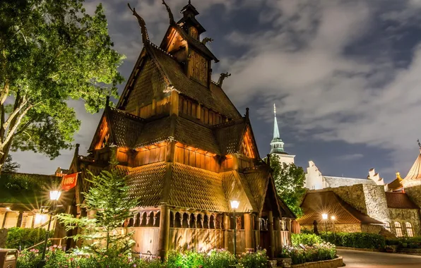 The sky, clouds, light, trees, night, lights, home, Terem