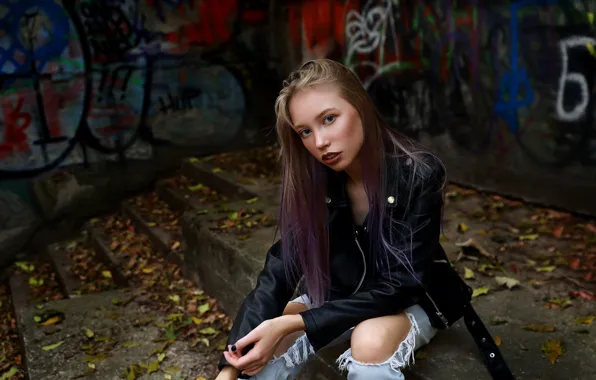 Look, leaves, girl, face, pose, jacket, stage, long hair