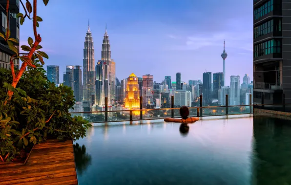 Girl, the city, view, pool, Malaysia, Kuala Lumpur