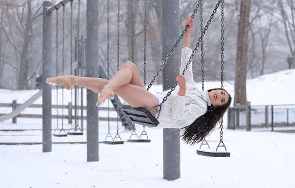 Legs, snow, girl, swing