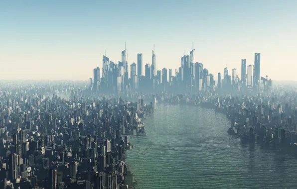 Picture the city, future, river, skyscrapers, megapolis, futurism