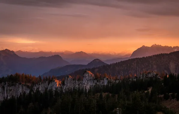 Picture forest, the sky, clouds, landscape, sunset, mountains, nature, the evening