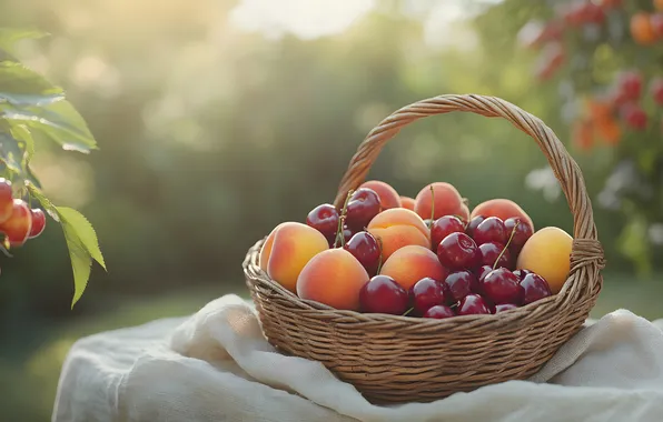 Leaves, light, nature, table, fabric, fruit, picnic, basket