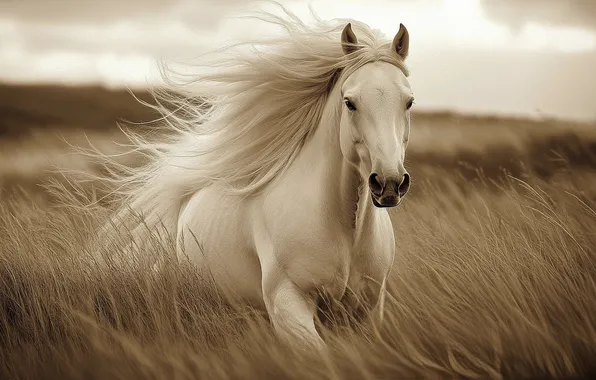 Field, the sky, grass, look, face, clouds, nature, horse