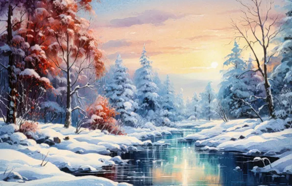 Picture winter, forest, snow, trees, landscape, nature, shore, picture