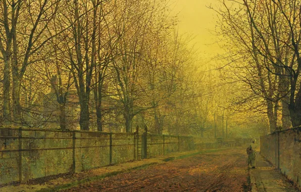 Picture trees, landscape, street, the fence, home, picture, John Atkinson Grimshaw, John Atkinson Grimshaw