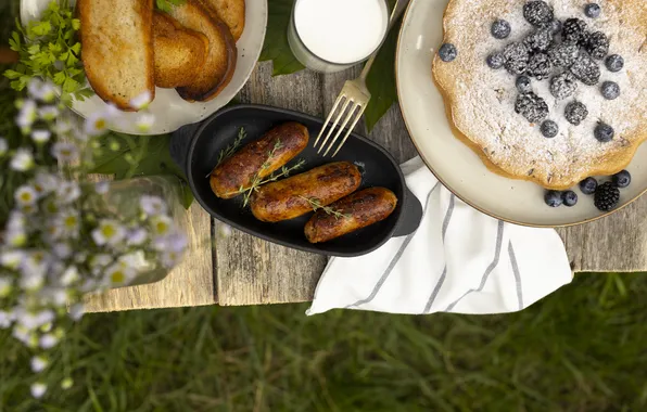 Summer, table, blueberries, pie, sausages, kupaty