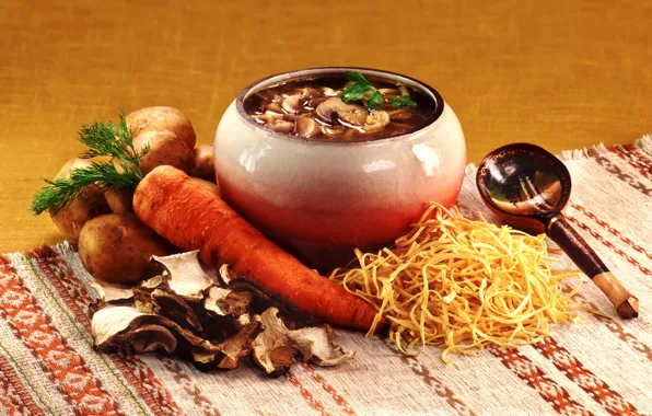 Picture mushrooms, spoon, carrots, pot, potatoes, noodles, stew