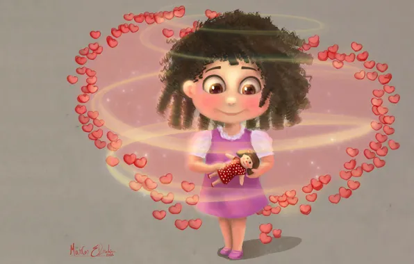 Doll, art, girl, hearts, children's, Marcos Ebrahim, surrounded by love, Children Illustration/Concept