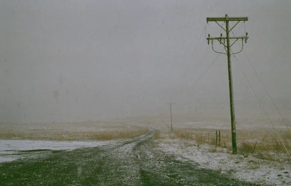 Road, winter, fog, countryside, mist, power line, snowing