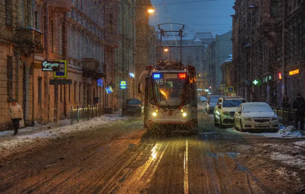 Picture snow, street, Saint Petersburg, tram