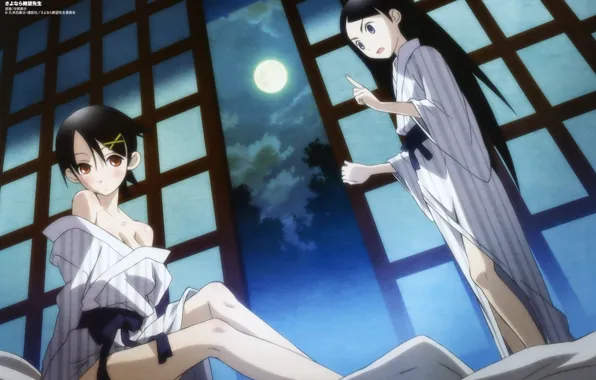 Night, the moon, Schoolgirls, yukata, Sayonara Zetsubou Sensei, two girls, Chiki Kitsu, Kafuka Fuuria