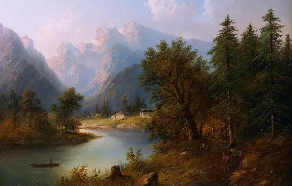 Home, Mountains, Trees, River, Boat, Picture, Salzkammergut, Austrian landscape painter