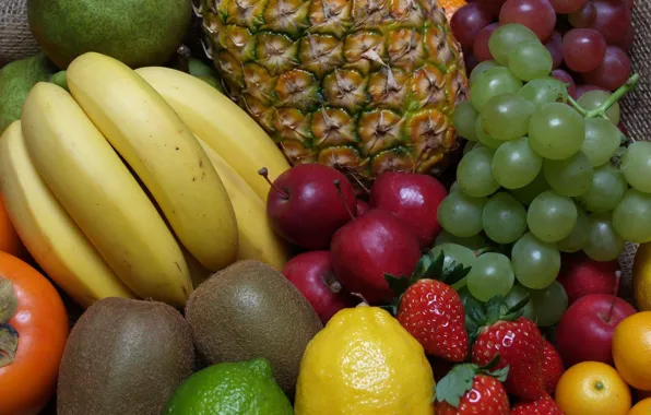 Picture lemon, kiwi, strawberry, grapes, bananas, lime, fruit, pineapple