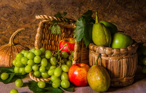 Apples, grapes, fruit, still life, pear, flowers, autumn, fruit