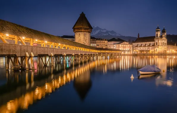 Bridge, reflection, river, boat, building, home, Switzerland, night city
