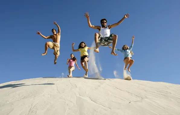 Picture sand, summer, the sky, joy, happiness, girls, mood, jump