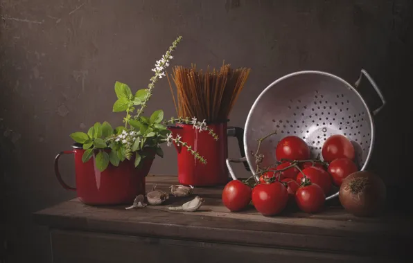 The dark background, table, bow, mug, still life, tomatoes, mint, items