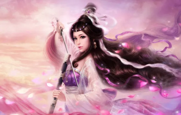 Picture girl, fantasy, the wind, the game, sword, Sakura, warrior, petal