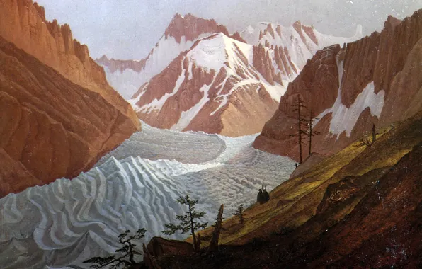 Trees, landscape, mountains, people, picture, glacier, Carl Gustav Carus, Meblarskie Mountain Range