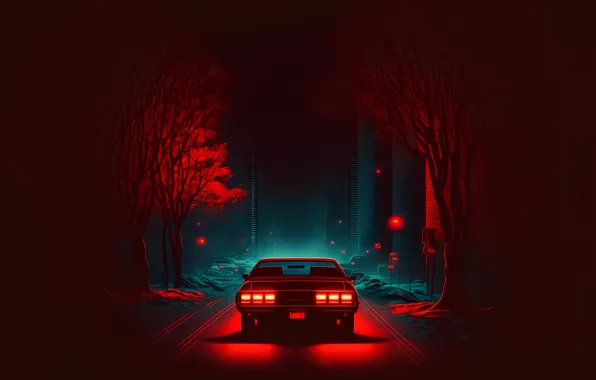 Car, forest, trees, red, dark, red, forest, car