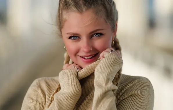 Picture look, girl, pose, smile, portrait, hands, makeup, hairstyle